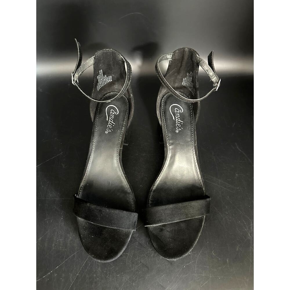 Candies Womens Black Faux Suede Ankle Strap Block Heel Sandals CACOSMOS Size 8.5